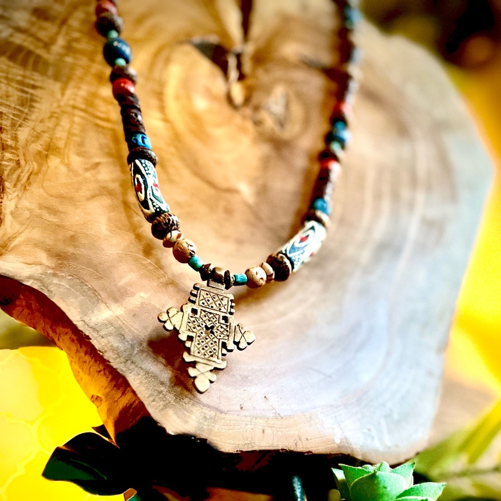 Hand Crafted- Antique Bead w/ brass hero pendant necklace, bohemian, statement